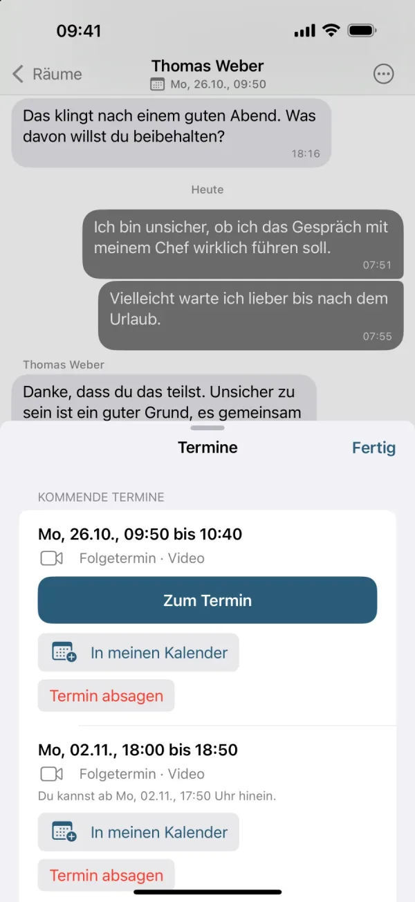 Die App auf dem iPhone: kommende Termine über dem Chat mit den Knöpfen Zum Termin, In meinen Kalender und Termin absagen.