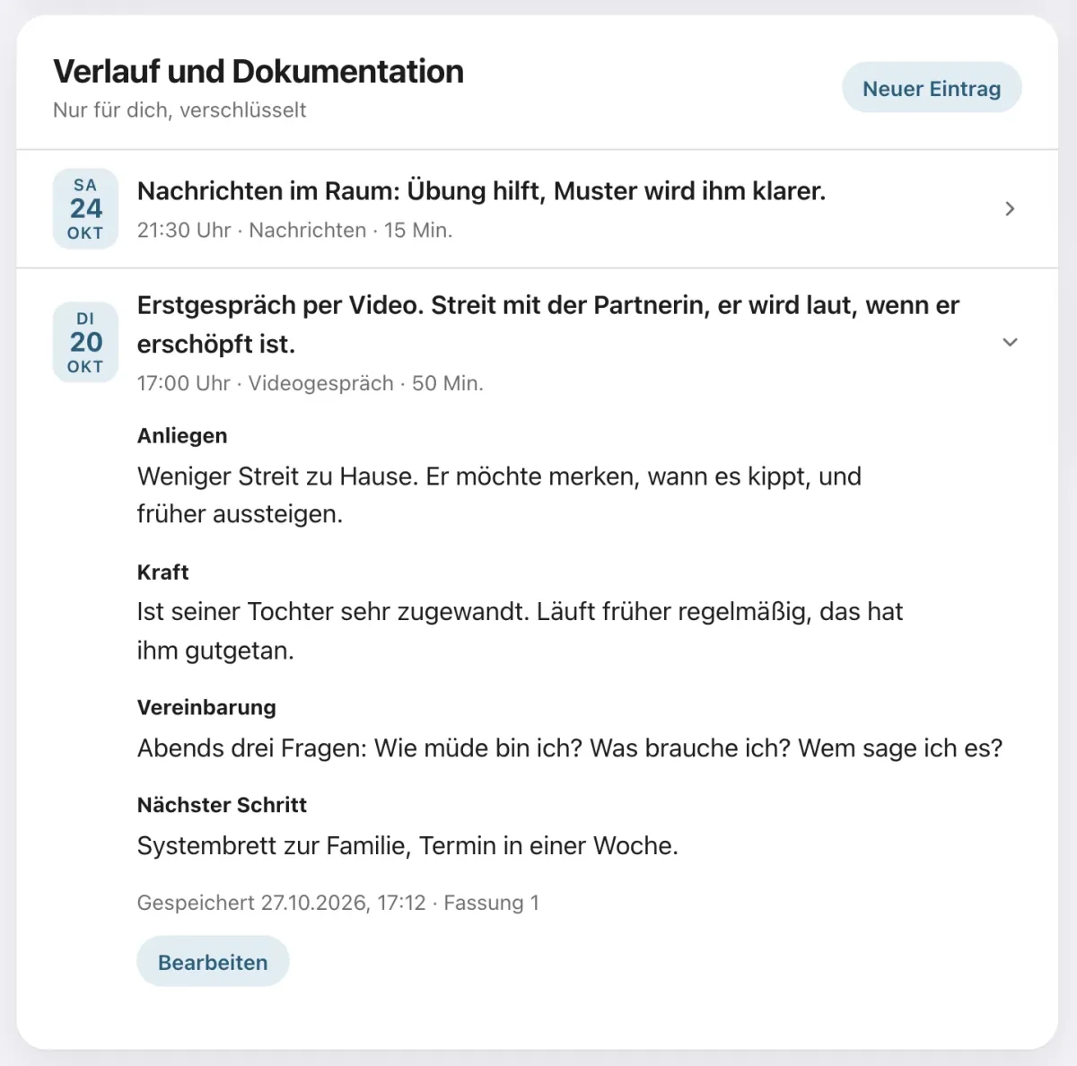 Verlauf und Dokumentation eines Falls mit erfundenen Testdaten: ein aufgeklappter Eintrag mit den Abschnitten Anliegen, Kraft, Vereinbarung und Nächster Schritt.