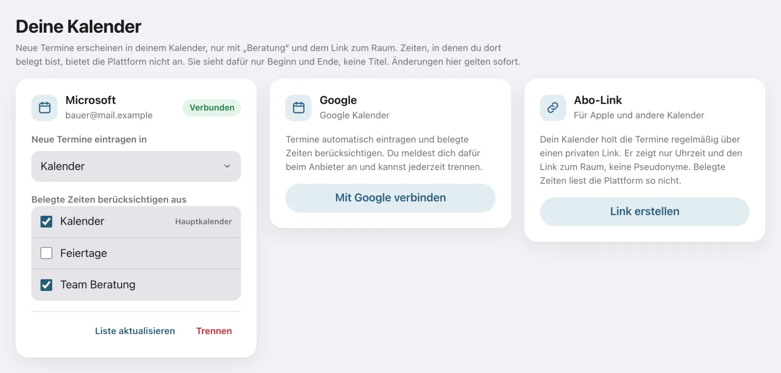 Die Seite „Zeiten und Videolink“ mit erfundenen Testdaten: ein verbundener Microsoft-Kalender, Google Kalender und der Abo-Link.