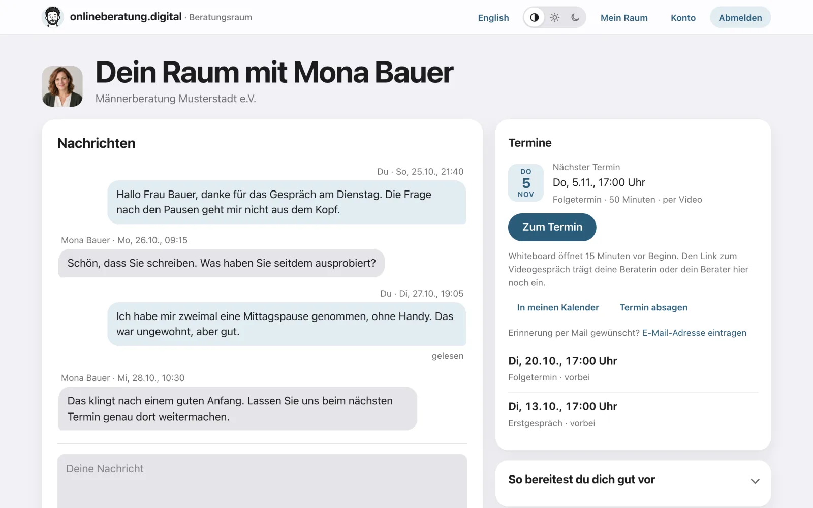 Der Raum aus Sicht der Ratsuchenden, mit erfundenen Testdaten: Nachrichten mit der Beraterin Mona Bauer und die nächsten Termine.