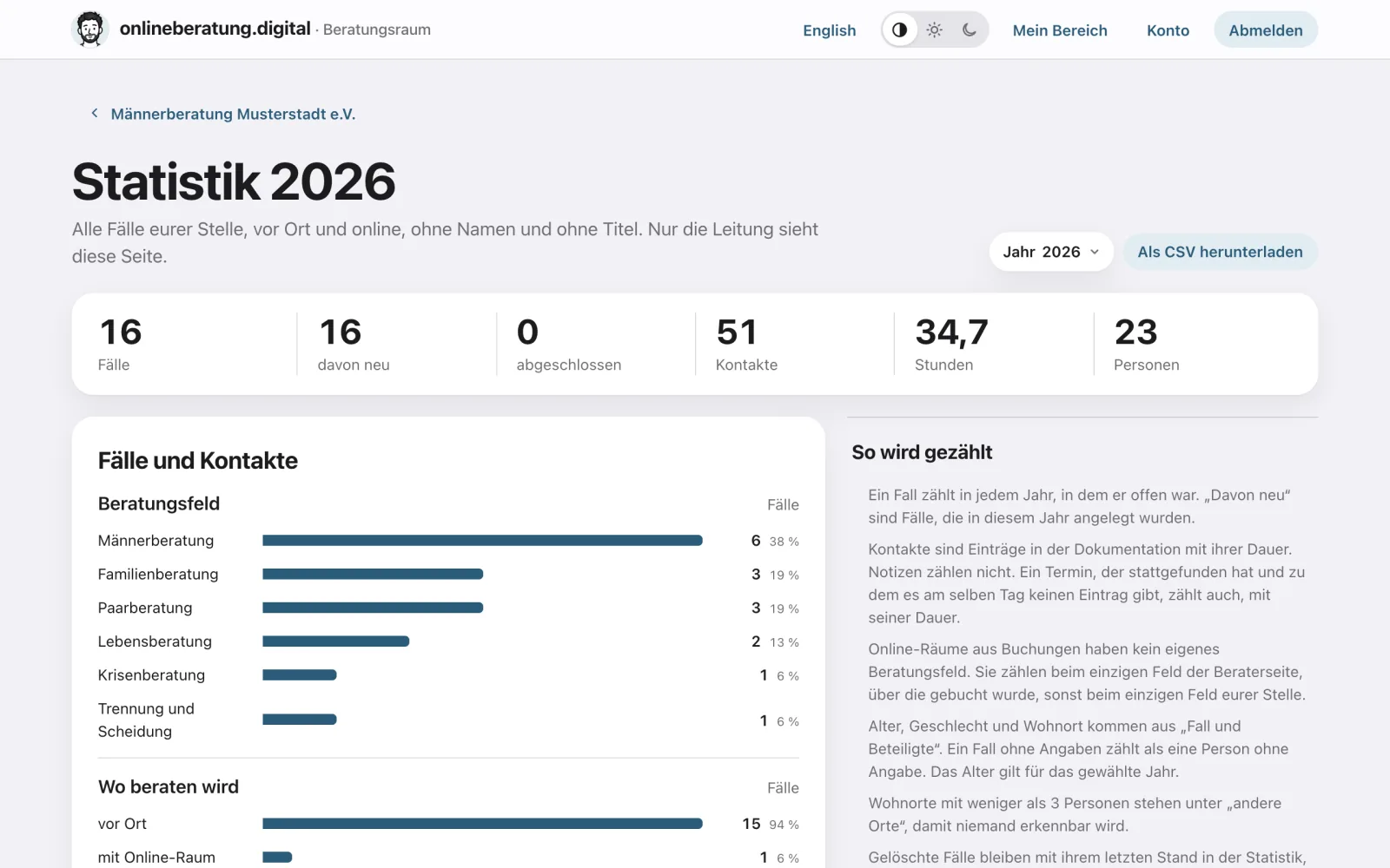 Statistik einer Stelle mit erfundenen Testdaten: Fälle, Kontakte und Stunden eines Jahres, darunter die Beratungsfelder.