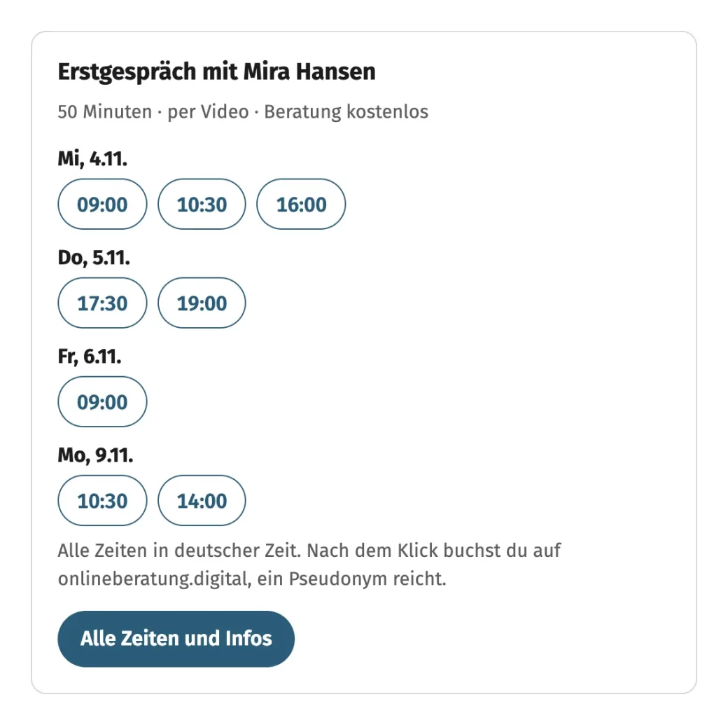 Der Kasten mit freien Terminen auf einer Webseite: Erstgespräch mit Mira Hansen, Zeiten an vier Tagen, erfundene Testdaten.